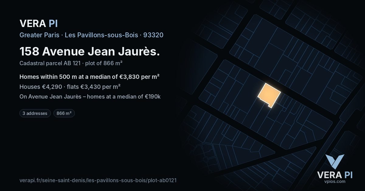 158 Avenue Jean Jaurès, Les Pavillons-sous-Bois at night – the plot lit, the parcels around coloured by the prices near them
