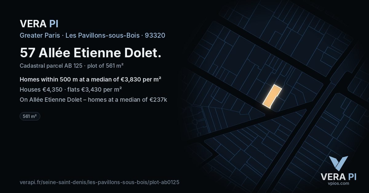 57 Allée Etienne Dolet, Les Pavillons-sous-Bois at night – the plot lit, the parcels around coloured by the prices near them