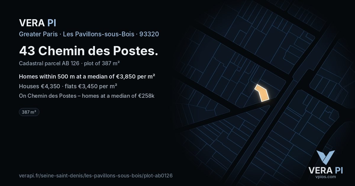 43 Chemin des Postes, Les Pavillons-sous-Bois at night – the plot lit, the parcels around coloured by the prices near them