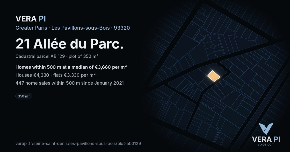 21 Allée du Parc, Les Pavillons-sous-Bois at night – the plot lit, the parcels around coloured by the prices near them