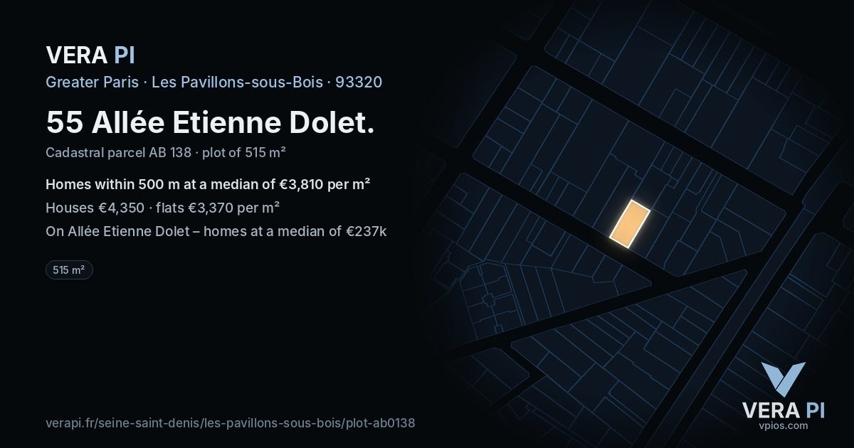 55 Allée Etienne Dolet, Les Pavillons-sous-Bois at night – the plot lit, the parcels around coloured by the prices near them