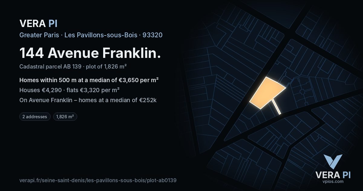 144 Avenue Franklin, Les Pavillons-sous-Bois at night – the plot lit, the parcels around coloured by the prices near them