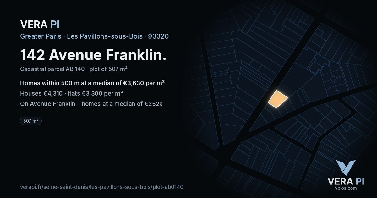 142 Avenue Franklin, Les Pavillons-sous-Bois at night – the plot lit, the parcels around coloured by the prices near them