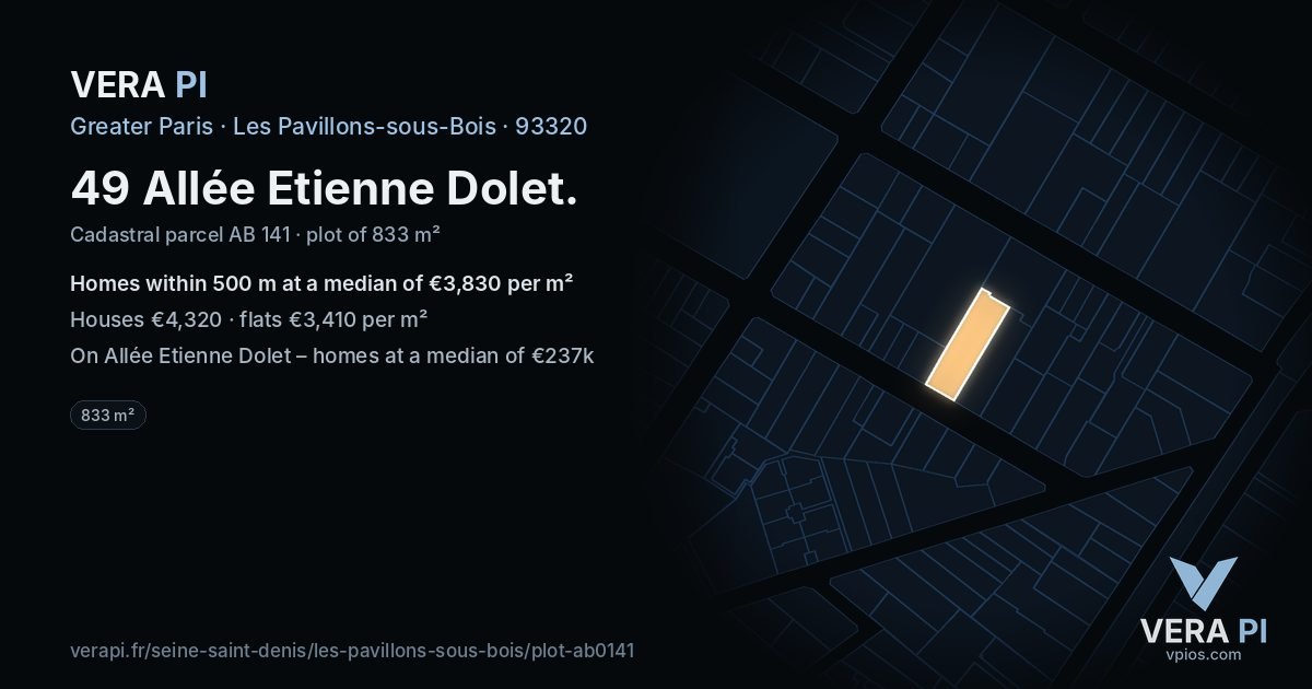 49 Allée Etienne Dolet, Les Pavillons-sous-Bois at night – the plot lit, the parcels around coloured by the prices near them