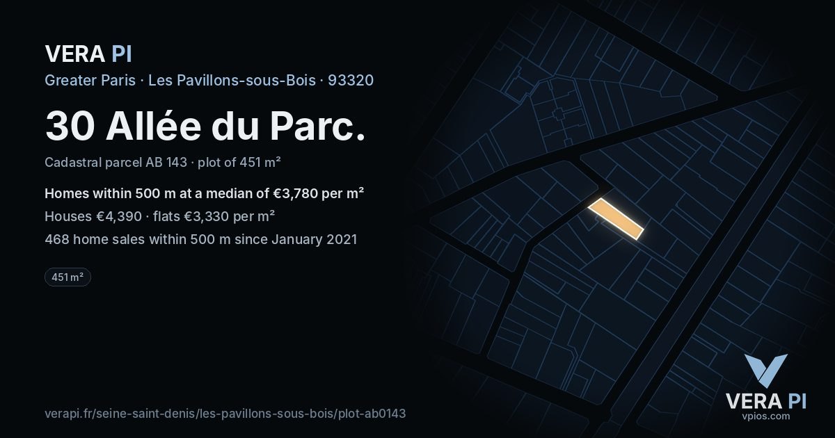 30 Allée du Parc, Les Pavillons-sous-Bois at night – the plot lit, the parcels around coloured by the prices near them