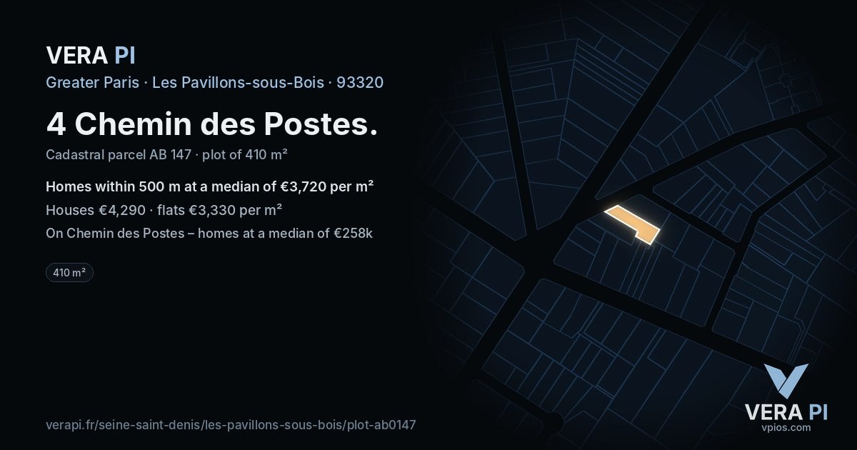 4 Chemin des Postes, Les Pavillons-sous-Bois at night – the plot lit, the parcels around coloured by the prices near them