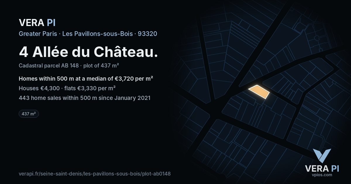 4 Allée du Château, Les Pavillons-sous-Bois at night – the plot lit, the parcels around coloured by the prices near them