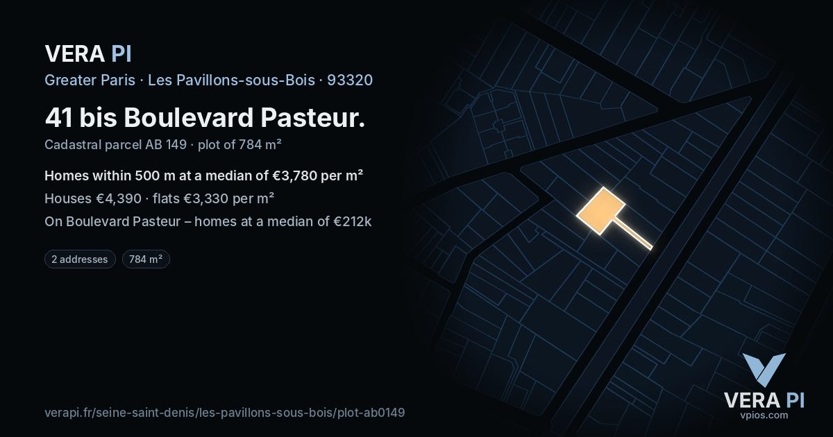 41 bis Boulevard Pasteur, Les Pavillons-sous-Bois at night – the plot lit, the parcels around coloured by the prices near them