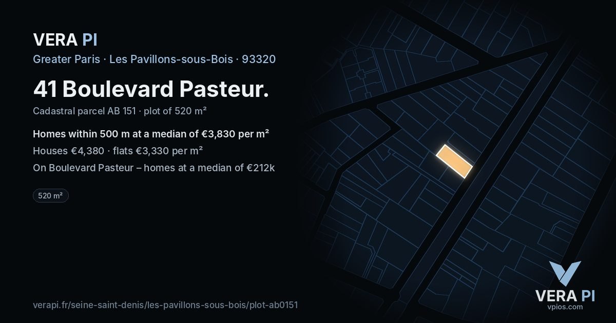 41 Boulevard Pasteur, Les Pavillons-sous-Bois at night – the plot lit, the parcels around coloured by the prices near them