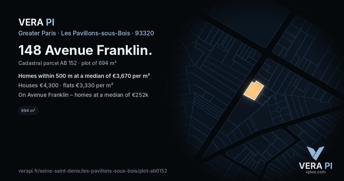 148 Avenue Franklin, Les Pavillons-sous-Bois at night – the plot lit, the parcels around coloured by the prices near them