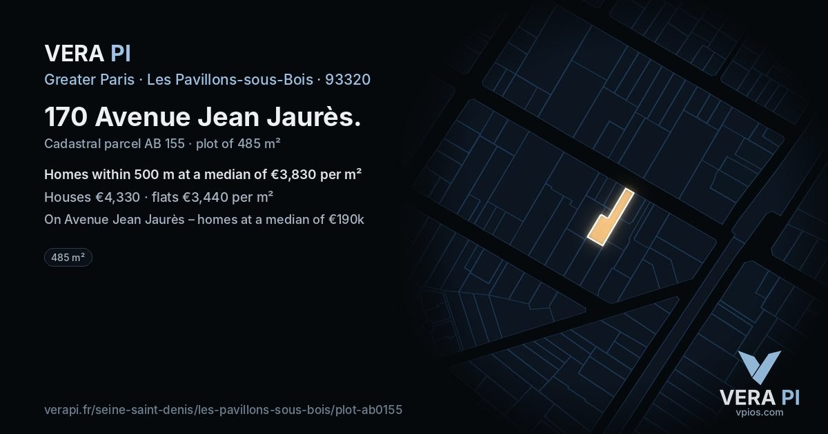 170 Avenue Jean Jaurès, Les Pavillons-sous-Bois at night – the plot lit, the parcels around coloured by the prices near them