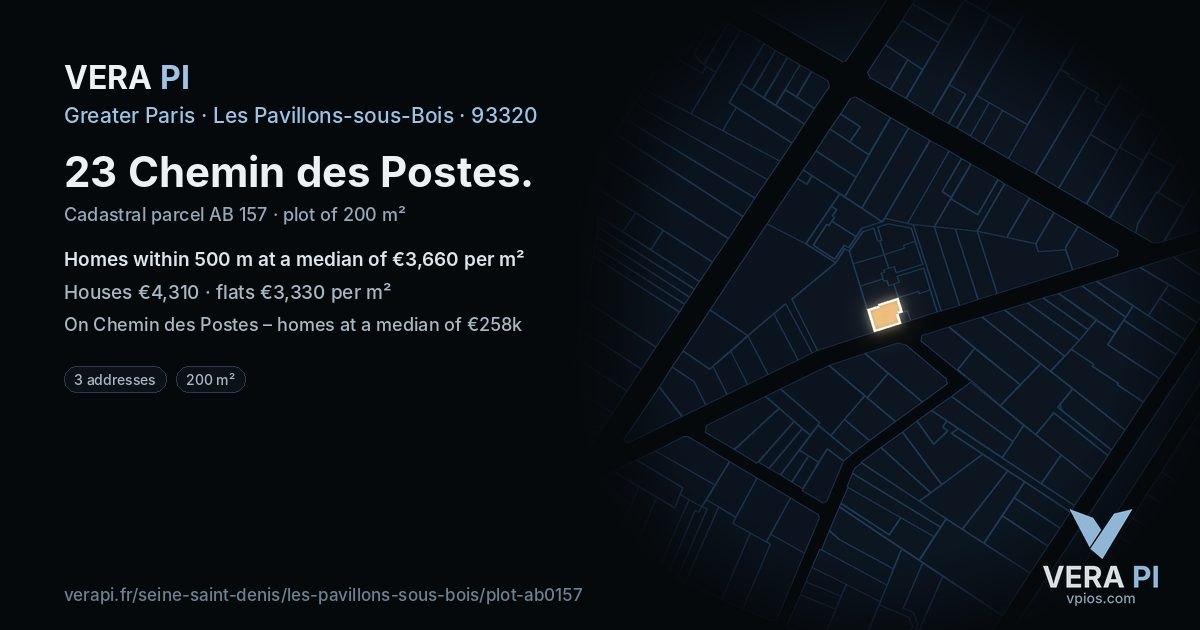 23 Chemin des Postes, Les Pavillons-sous-Bois at night – the plot lit, the parcels around coloured by the prices near them