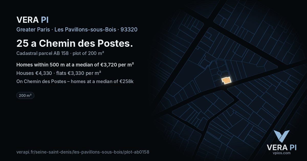 25 a Chemin des Postes, Les Pavillons-sous-Bois at night – the plot lit, the parcels around coloured by the prices near them