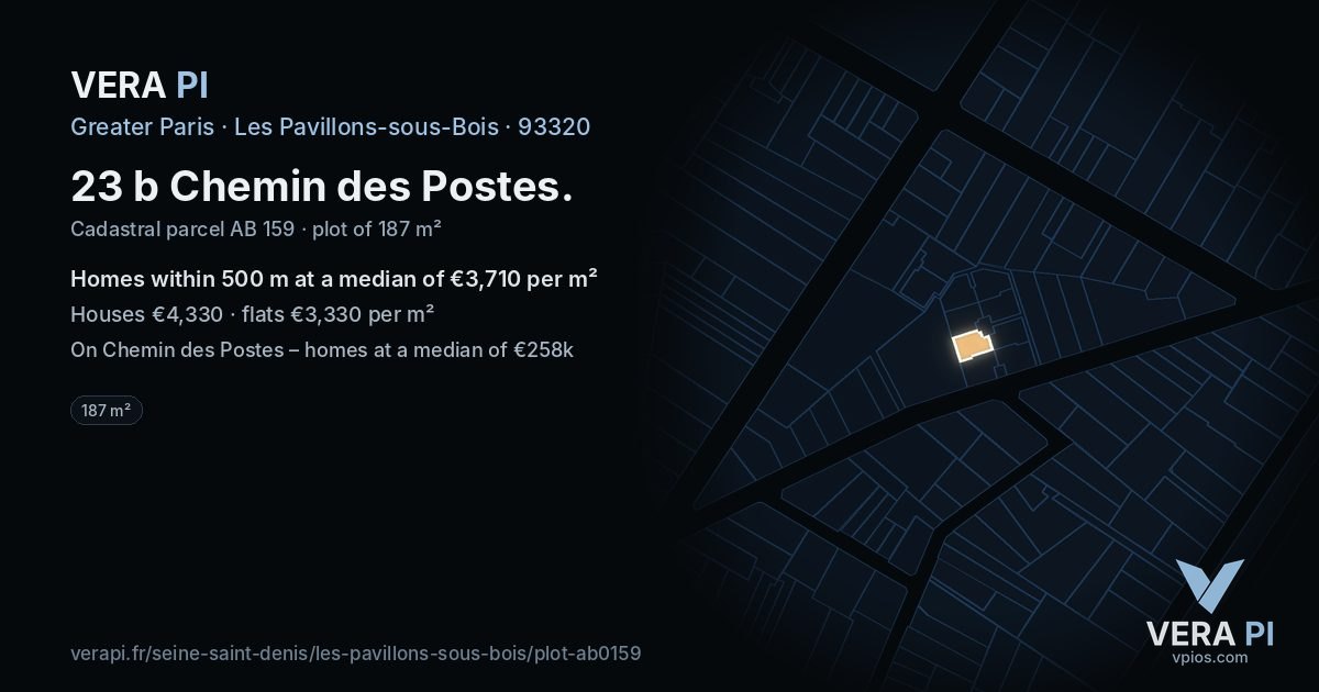 23 b Chemin des Postes, Les Pavillons-sous-Bois at night – the plot lit, the parcels around coloured by the prices near them