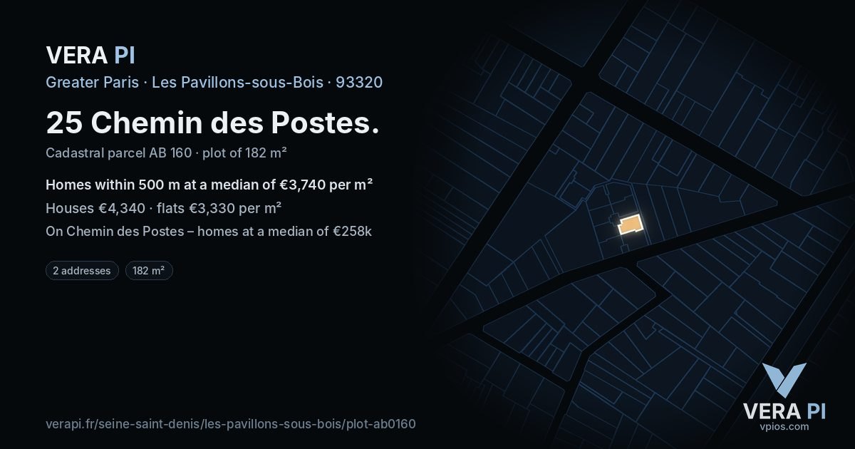 25 Chemin des Postes, Les Pavillons-sous-Bois at night – the plot lit, the parcels around coloured by the prices near them