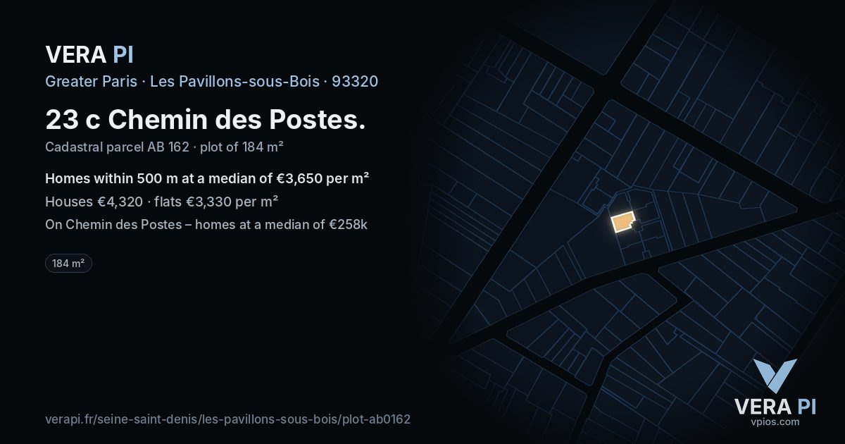 23 c Chemin des Postes, Les Pavillons-sous-Bois at night – the plot lit, the parcels around coloured by the prices near them