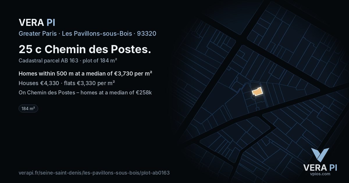25 c Chemin des Postes, Les Pavillons-sous-Bois at night – the plot lit, the parcels around coloured by the prices near them