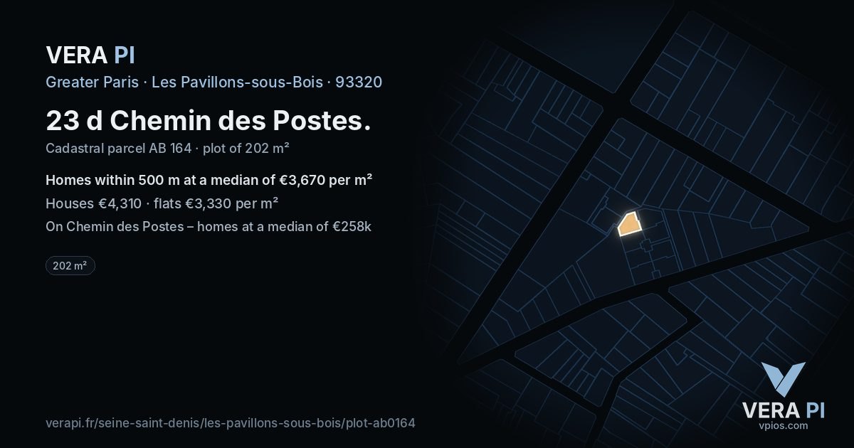 23 d Chemin des Postes, Les Pavillons-sous-Bois at night – the plot lit, the parcels around coloured by the prices near them