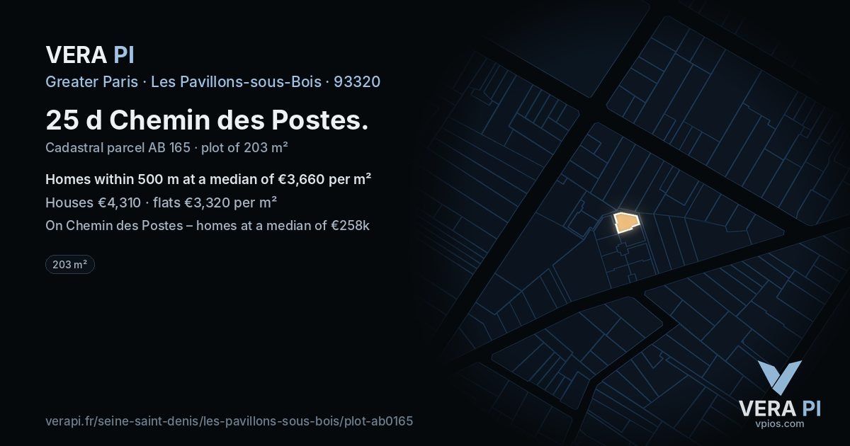 25 d Chemin des Postes, Les Pavillons-sous-Bois at night – the plot lit, the parcels around coloured by the prices near them