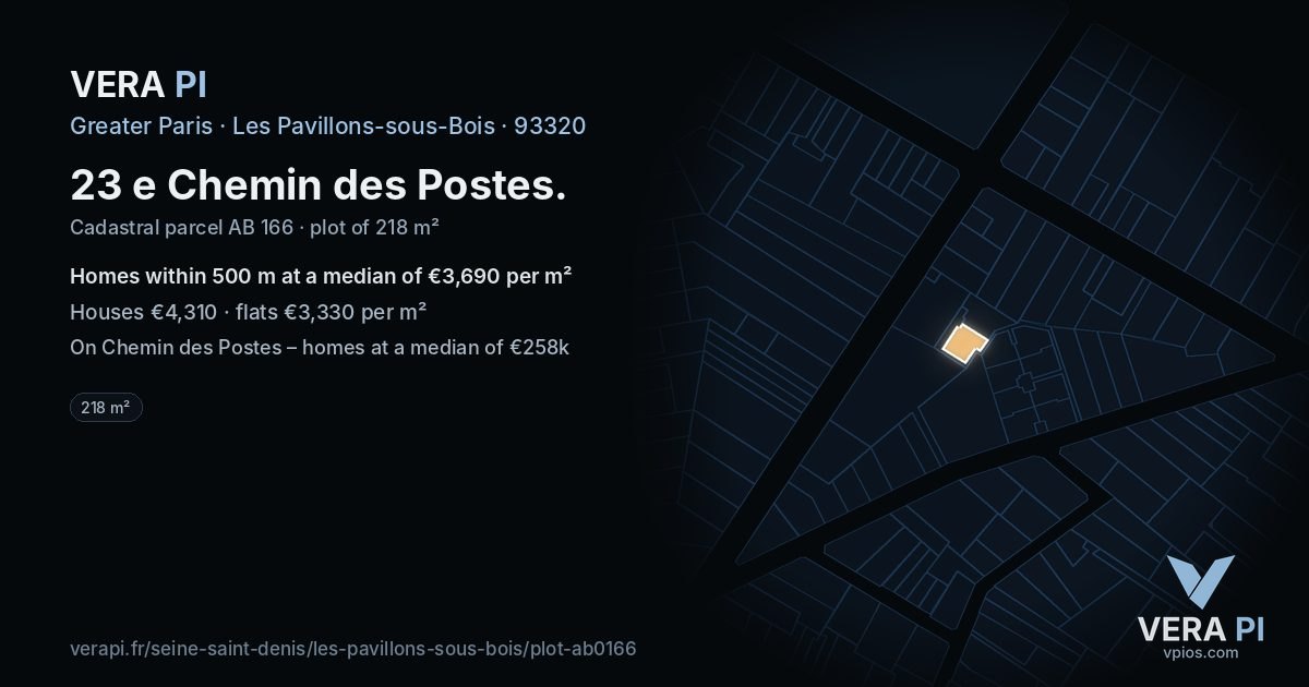 23 e Chemin des Postes, Les Pavillons-sous-Bois at night – the plot lit, the parcels around coloured by the prices near them