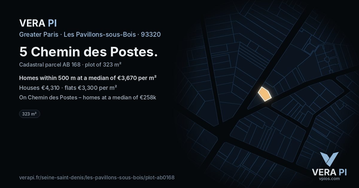 5 Chemin des Postes, Les Pavillons-sous-Bois at night – the plot lit, the parcels around coloured by the prices near them