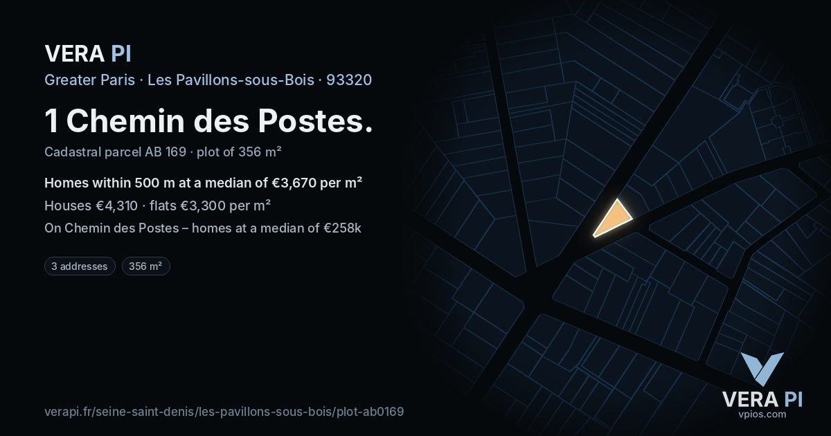 1 Chemin des Postes, Les Pavillons-sous-Bois at night – the plot lit, the parcels around coloured by the prices near them