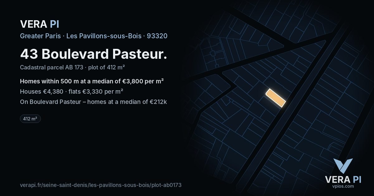 43 Boulevard Pasteur, Les Pavillons-sous-Bois at night – the plot lit, the parcels around coloured by the prices near them