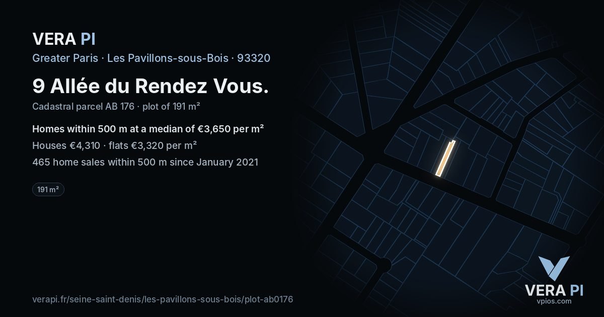 9 Allée du Rendez Vous, Les Pavillons-sous-Bois at night – the plot lit, the parcels around coloured by the prices near them