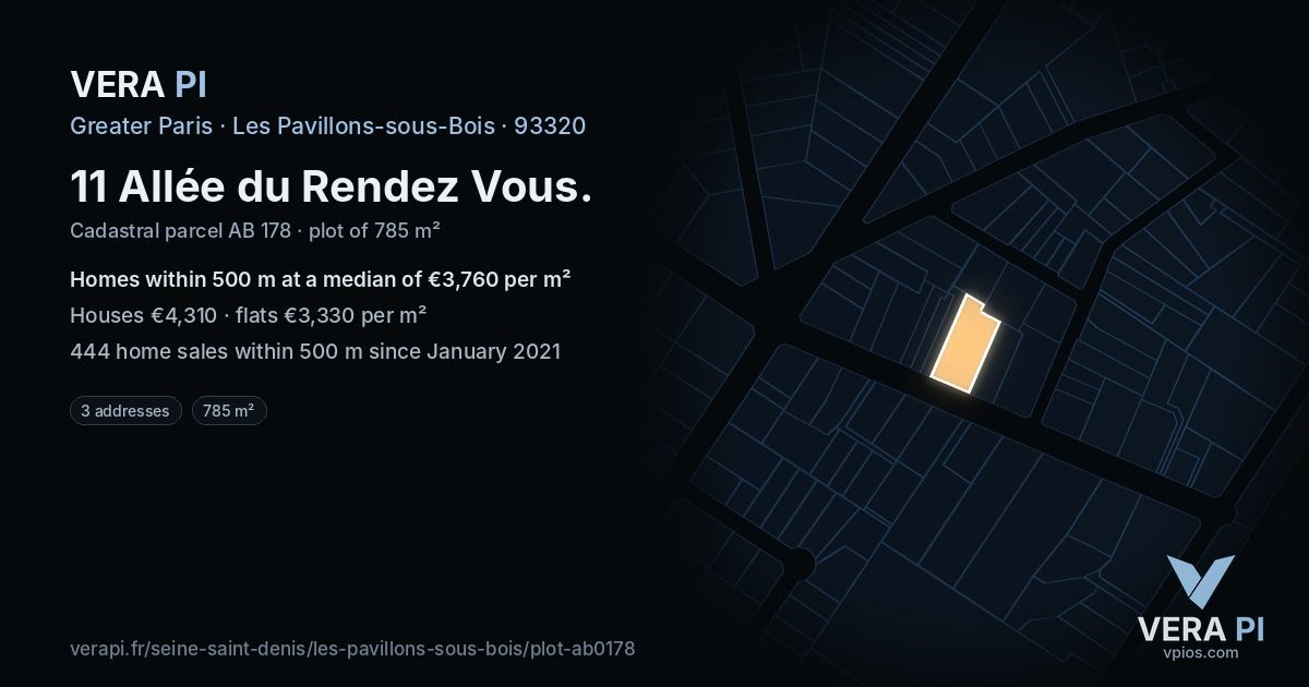 11 Allée du Rendez Vous, Les Pavillons-sous-Bois at night – the plot lit, the parcels around coloured by the prices near them
