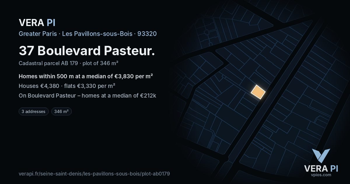 37 Boulevard Pasteur, Les Pavillons-sous-Bois at night – the plot lit, the parcels around coloured by the prices near them