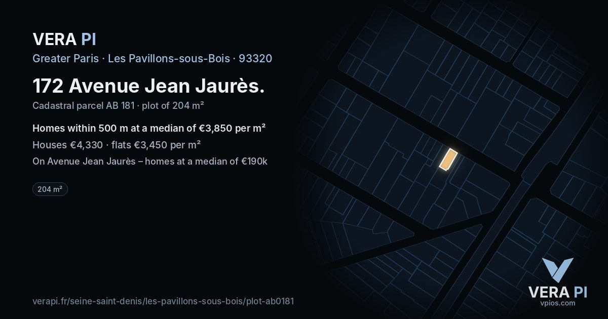 172 Avenue Jean Jaurès, Les Pavillons-sous-Bois at night – the plot lit, the parcels around coloured by the prices near them