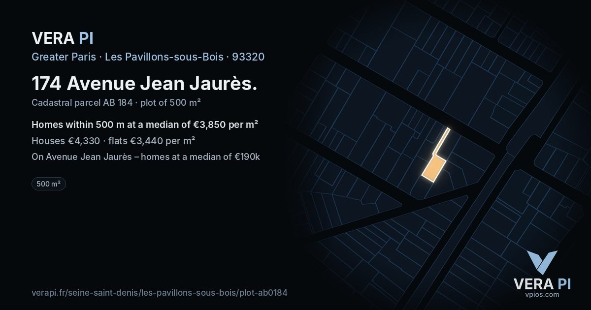 174 Avenue Jean Jaurès, Les Pavillons-sous-Bois at night – the plot lit, the parcels around coloured by the prices near them