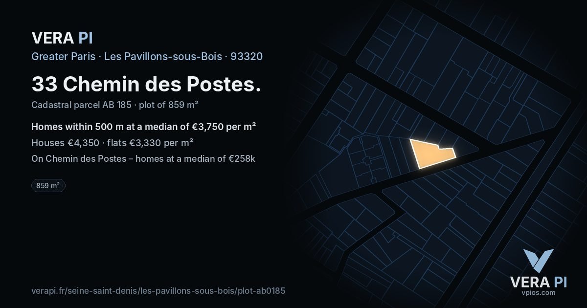 33 Chemin des Postes, Les Pavillons-sous-Bois at night – the plot lit, the parcels around coloured by the prices near them