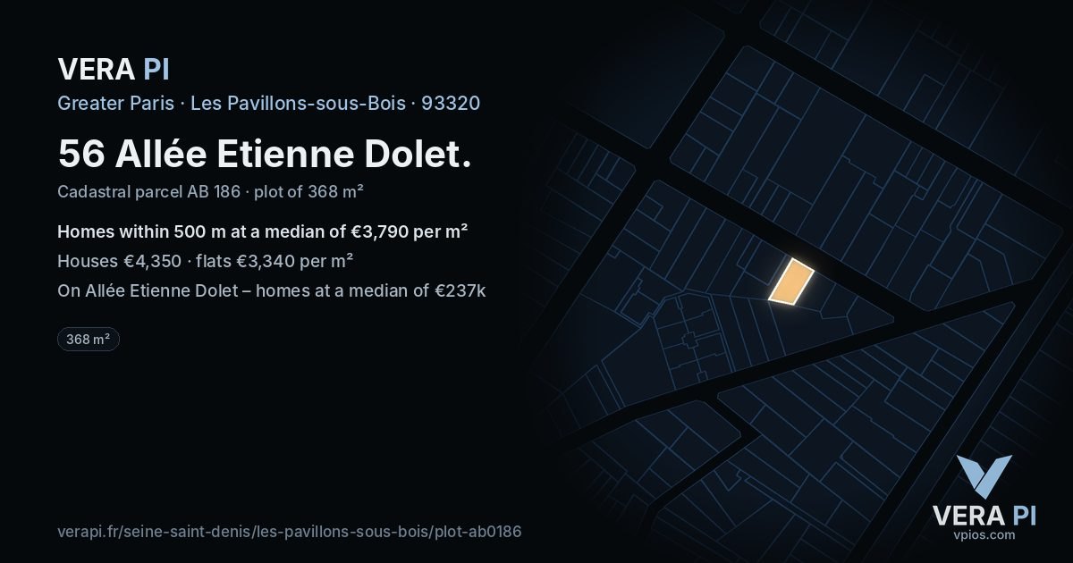 56 Allée Etienne Dolet, Les Pavillons-sous-Bois at night – the plot lit, the parcels around coloured by the prices near them