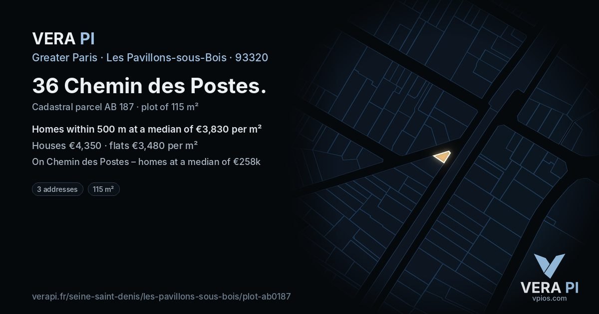 36 Chemin des Postes, Les Pavillons-sous-Bois at night – the plot lit, the parcels around coloured by the prices near them