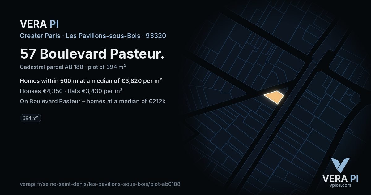 57 Boulevard Pasteur, Les Pavillons-sous-Bois at night – the plot lit, the parcels around coloured by the prices near them