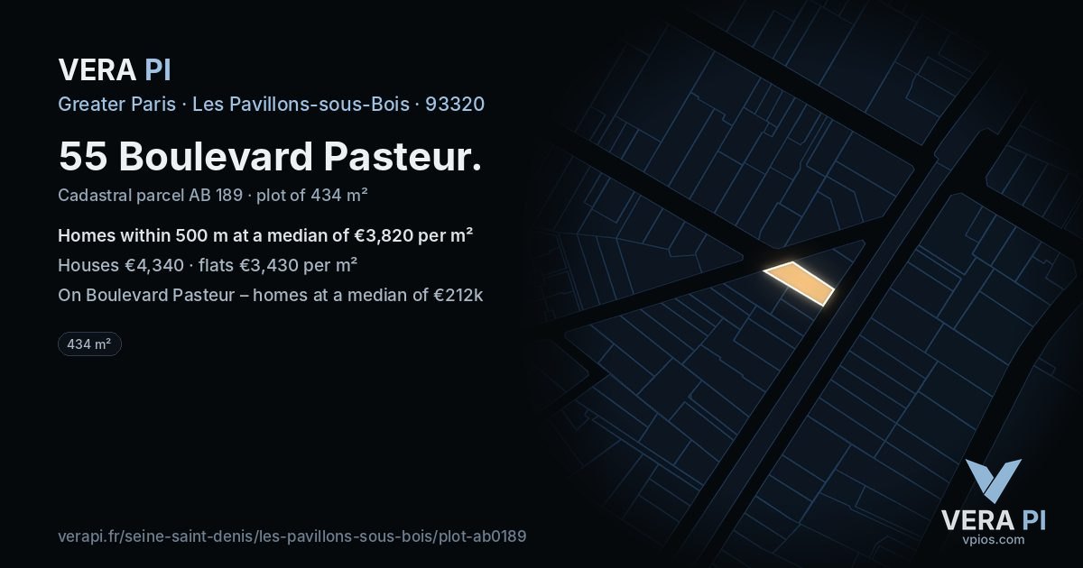 55 Boulevard Pasteur, Les Pavillons-sous-Bois at night – the plot lit, the parcels around coloured by the prices near them
