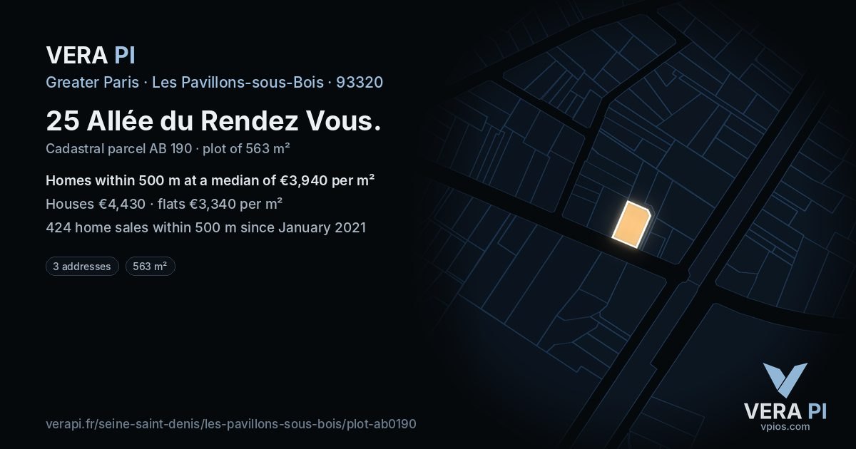 25 Allée du Rendez Vous, Les Pavillons-sous-Bois at night – the plot lit, the parcels around coloured by the prices near them