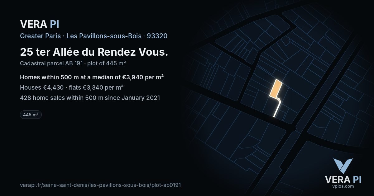 25 ter Allée du Rendez Vous, Les Pavillons-sous-Bois at night – the plot lit, the parcels around coloured by the prices near them