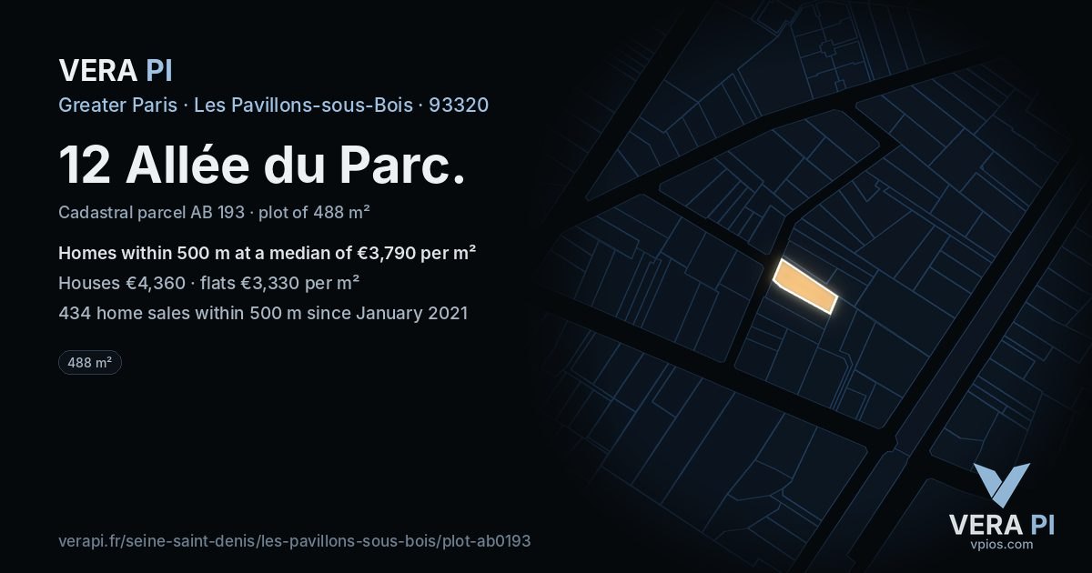 12 Allée du Parc, Les Pavillons-sous-Bois at night – the plot lit, the parcels around coloured by the prices near them