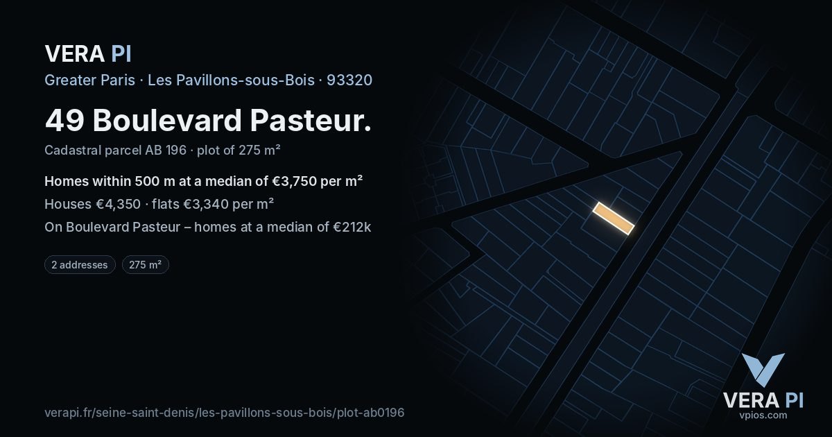 49 Boulevard Pasteur, Les Pavillons-sous-Bois at night – the plot lit, the parcels around coloured by the prices near them