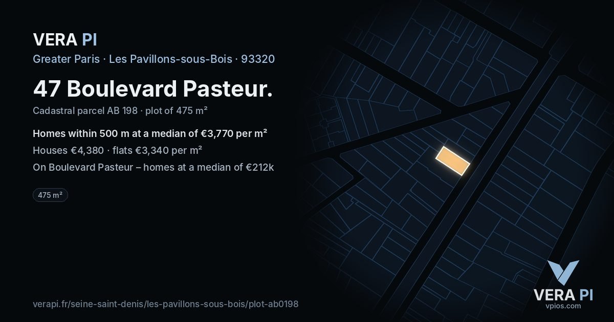 47 Boulevard Pasteur, Les Pavillons-sous-Bois at night – the plot lit, the parcels around coloured by the prices near them
