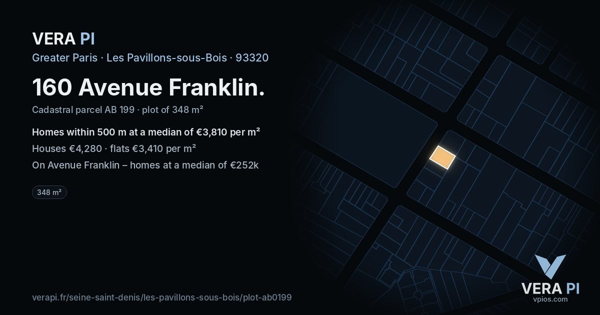 160 Avenue Franklin, Les Pavillons-sous-Bois at night – the plot lit, the parcels around coloured by the prices near them