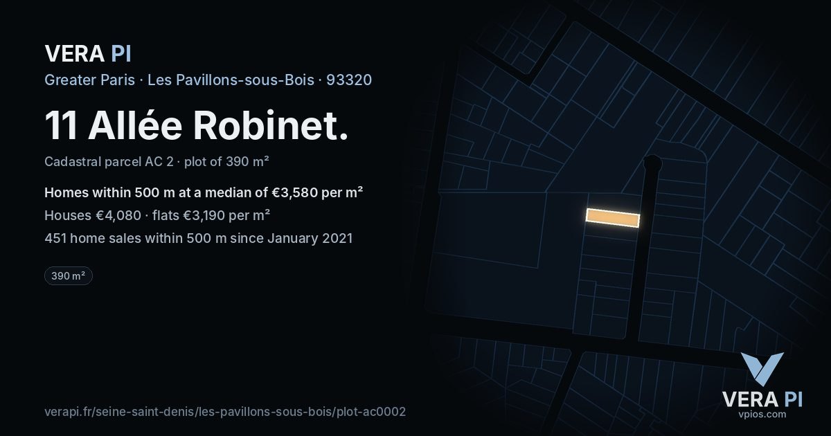 11 Allée Robinet, Les Pavillons-sous-Bois at night – the plot lit, the parcels around coloured by the prices near them