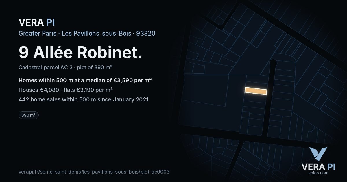 9 Allée Robinet, Les Pavillons-sous-Bois at night – the plot lit, the parcels around coloured by the prices near them