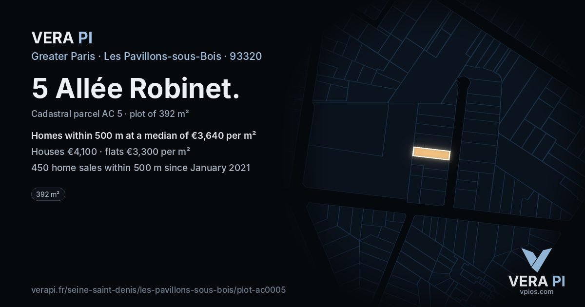 5 Allée Robinet, Les Pavillons-sous-Bois at night – the plot lit, the parcels around coloured by the prices near them