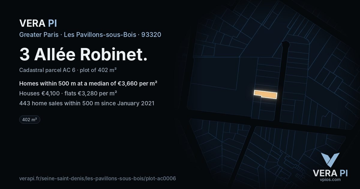 3 Allée Robinet, Les Pavillons-sous-Bois at night – the plot lit, the parcels around coloured by the prices near them