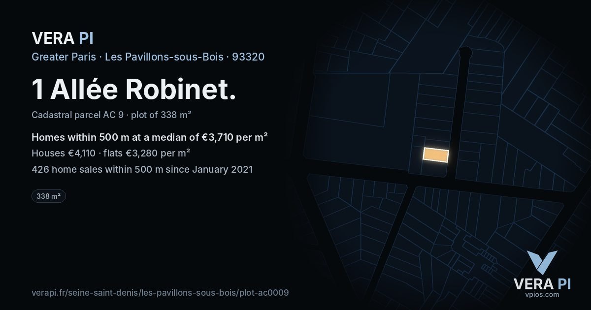 1 Allée Robinet, Les Pavillons-sous-Bois at night – the plot lit, the parcels around coloured by the prices near them