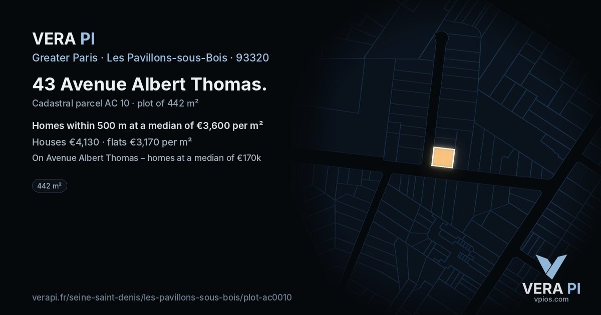 43 Avenue Albert Thomas, Les Pavillons-sous-Bois at night – the plot lit, the parcels around coloured by the prices near them