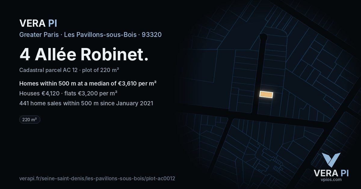 4 Allée Robinet, Les Pavillons-sous-Bois at night – the plot lit, the parcels around coloured by the prices near them